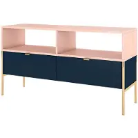 Selsey TV-Lowboard LESARI - Armoire TV en bleu foncé / rose avec 2 tiroirs, 2 compartiments ouverts, structure métallique dorée, 120 cm