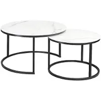 AC-DÉCO Lot de 2 tables gigognes ATLANTA rondes en métal ett verre effet marbre - Blanc / Noir - D 80 x H 45 cm.