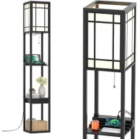 Costway Lampadaire Étagère à 3 niveaux, 2 ports USB, Lampadaire en bois E27, 160x26x26cm(trait)