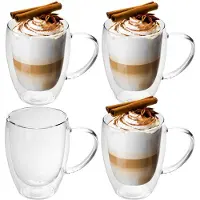 Intirilife 4x Verre Thermique À Double Paroi 300-350ml En Crystal Clair - Soufflés À La Bouche, Isolés Pour Latte Macchiato, En Tant Que Verre À Thé Ou À Café Avec Une Anse
