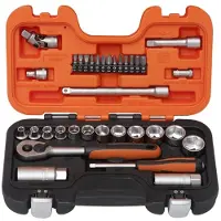 Bahco S330AF - Jeu de douilles 6 pans 1/4" et 3/8", dimensions en pouces, et cliquet