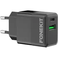 FoneKit Double -laturi, USB-C + USB-A, musta (20 W, 2 ports), Chargeur USB, Noir