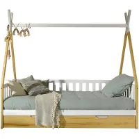 Vipack - Tipi Lit couchette avec encadrement, barre de toit, sommier à lattes et tiroir de lit (naturel), surface de couchage 90 x 200 cm, finition en pin massif naturel et laqué blanc