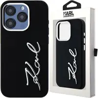 Karl Lagerfeld Étui pour iPhone 15 Pro en silicone noir avec logo en métal