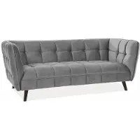 AC-DÉCO Canapé 3 places en velours matelassé - Gris - Pieds en bois - H 78 cm x l 200 cm x P 85 cm