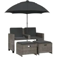 vidaXL Canapé de jardin 2 places parasol et tabouret gris poly rotin
