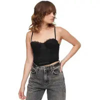 Superdry pour femme. W6011751A Corset en satin avec dentelle en maille noire (S), Casuel, Polyamide, Sans manches / bretelles
