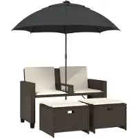 vidaXL Canapé de jardin 2 places parasol et pouf brun poly rotin