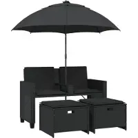 vidaXL Canapé de jardin 2 places parasol et tabouret noir poly rotin