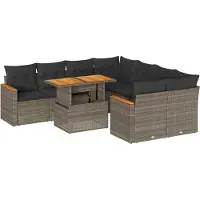 vidaXL Ensemble de salon de jardin 9 pièces avec coussins Gris Poly rotin Acacia