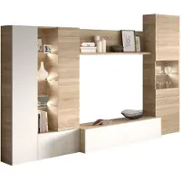 Dmora Meuble TV mural modulaire avec éclairage LED, en blanc brillant et imitation chêne, de 260 cm de largeur