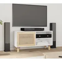 The Living Store Armoire TV Blanc 80x30x40 cm Pin massif et rotin naturel