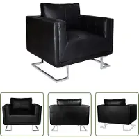 The Living Store Fauteuil cube avec pieds chromés Noir Similicuir