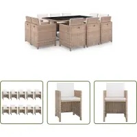 The Living Store Salon de jardin 11 pièces avec coussins Poly Rattan Beige