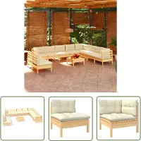 The Living Store Ensemble salon de jardin 11 pièces avec coussins crème en bois de pin massif