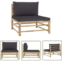 The Living Store Canapé central de jardin avec coussins gris foncé en bambou