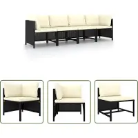 The Living Store Canapé de jardin 4 places avec coussins Noir Poly Rattan
