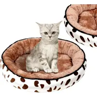 Edibazzar Lit rond pour chien et chat en peluche douce, imperméable, diamètre 50 cm, couleur crème avec des taches brunes
