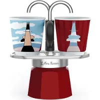 Bialetti Ensemble cafetière italienne + 2 tasses - - MAGRITTE Mini-Espresso - Acier inoxydable / Rouge