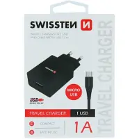 Swissten Network Adapter Smart Ic 1X Usb 1A Power + Data Cable Usb / Micro Usb 1.2 M Black