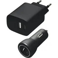 Speedlink Kit chargeur mural et de voiture USB-A & USB-C 15W, noir (15 W, 2 ports), Chargeur USB, Noir