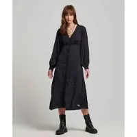 Superdry Lace Trim Long Sleeve Midi Dress Noir L Femme