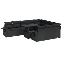 vidaXL Ensemble de salon de jardin 11 pièces avec coussins noir poly rotin