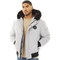 Closure London Blouson court matelassé Homme à Capuche en fourrure, Gris glacé