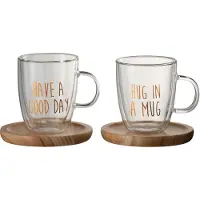 J-Line Mugs En Verre Avec Sous Tasses En Bois Et Inscriptions Cuivrées