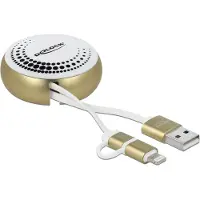 DeLOCK Câble sur bobine, 2-en-1 USB Type-A vers Micro-B et Lightning blanc/or, 0,92 m, USB A, Micro-USB B/Lightning, USB 2.0, Or, Blanc