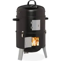 Relaxdays Smoker 3-en-1, pour griller, fumer et cuire, avec thermomètre et évacuation d'air, fumoir pour barbecue : ∅ 40 cm, acier, noir