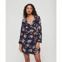 Superdry Printed Wrap Long Sleeve Short Dress Bleu S Femme