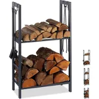 Relaxdays Étagère à bois avec 2 tablettes, en acier, 4 crochets pour les accessoires de cheminée, étagère à bois HBT 100 x 60 x 30 cm, anthracite