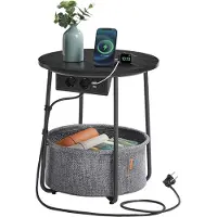 Vasagle Table D'appoint Ronde Avec Station De Recharge, Petite Table Avec Prise, Table Basse, Ports Usb, Panier En Tissu, Salon, Chambre À Coucher,