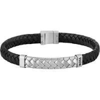 BOSS Bracelet tressé en cuir noir avec pièces métalliques motif chevrons