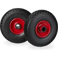 Relaxdays Kit de roues pour diable , anti-crevaison, pneus pleins 3.00-4, jantes en acier, axe de 25 mm, charge maximale de 100 kg, dimensions 260 x 85 mm, noir et rouge