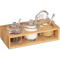 Relaxdays Lot De 3 Pots À Épices, Salière, Sucrier, Avec Support En Bambou, Cuillère Et Couvercle, Nature/Transparent -