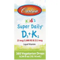 Carlson Carlson, Super Quotidien D3+K2 pour Enfants, 25 mcg (1 000 UI) & 22,5 mcg, 0,34 fl oz (10,16 ml)