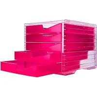 Styro Bac à tiroirs styroswing NEONline, 5 tiroirs, blocage de l'ouverture &amp; poignée encastrée, empilable, L 270 x P 340 x H 255 mm, polystyrène, transparent-rose fluo