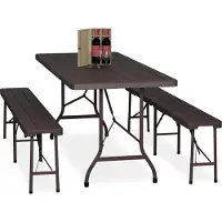 Relaxdays Ensemble de table et bancs de brasserie pliable , ensemble de 3 pièces avec grande table, pour le jardin, style chapiteau, aspect bois, marron