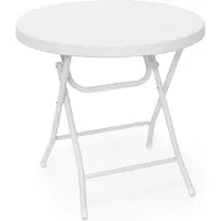 Relaxdays Table de jardin pliante BASTIAN de , ronde, H x L x P : 74 x 80 x 80 cm, métal, plastique, aspect rotin, blanche