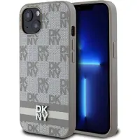 DKNY PU Leather Checkered Pattern and Stripe Case pour iPhone 13 Beige (Apple iPhone 13), Coque pour téléphone portable, Beige
