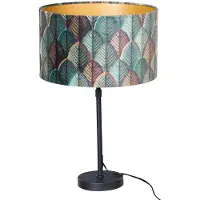 QAZQA Lampe de table noire avec abat-jour en velours motif feuilles et intérieur doré - Parte