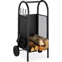 Relaxdays Chariot à bois avec ustensiles, chariot à bois en acier, ensemble d'ustensiles de cheminée 3 pièces (pelle, balai et tisonnier), noir