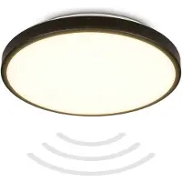 B.K.Licht Plafonnier LED avec détecteur de mouvement et crépusculaire, 13W 1300lm Lumière blanche chaude 3000K, IP54, Portée 3m, diamètre 29cm, lampe de plafond noire