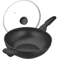 Relaxdays Poêle wok avec couvercle en verre, Ø 30 cm, en aluminium, revêtement antiadhésif, compatible avec les cuisinières à gaz et électriques, wok avec poignées, noir