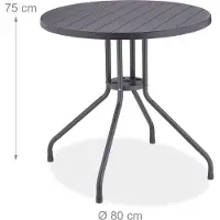 Relaxdays Table de jardin , H x Ø : 75 x 80 cm, table de balcon aspect bois, en plastique et acier, table de terrasse ronde, grise