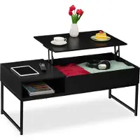 Relaxdays Table basse pliable , L x P x H 45 x 110 x 50 cm, compartiment latéral, table de salon avec espace de rangement, aspect bois et métal, noir