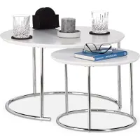 Relaxdays Lot de 2 d'appoint ronde, petite Mat Café Tables gigognes, bois, Chromé, 60 x 60 cm, métal, Blanc, 60 x 60 x 35 cm