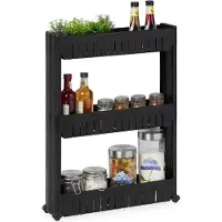 Relaxdays Étagère de niche , 3 tablettes, étagère de niche étroite pour salle de bains et cuisine, L x P x H : 71 x 12,5 x 54 cm, étagère à roulettes en plastique, noire